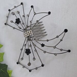 Statement Oxidized Silver Bow Hair Comb Black Smokey Rhinestone